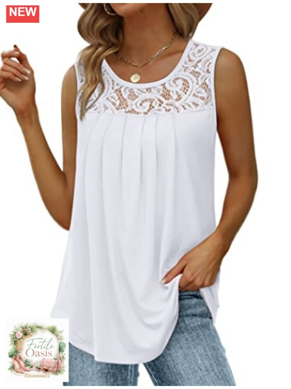Women's Lace Sleeveless Tank Top Loose Fit Pleated Curved Hem Flowy Top